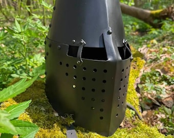 Handcrafted Blackened Steel Helm: Medieval Crusader Knight Templar Full Face Armor