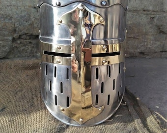 Handcrafted Polished Steel Helmet with Brass Cross Accent – Crusader Knight Armor