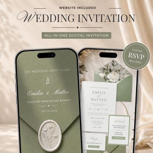 May include: Two smartphones displaying a digital wedding invitation suite in sage green and white. The screens show text including "Emilia & Matteo," "The Wedding Invitation," and "Custom RSVP Included," featuring a wax seal graphic and floral motifs.