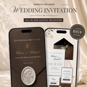 Op de afbeelding: Twee smartphones met een digitale trouwuitnodiging. Het linkerscherm toont een donkerbruine envelop met een wit bloemvormig waszegel. Het rechterscherm toont een witte uitnodigingskaart, details en een RSVP-kaart met bruine accenten.