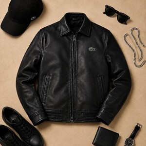 Men’s Lacoste Black Leather Jacket – Genuine Leather, Gift for Him