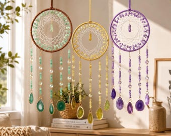 Gemstone Dream Catcher Wall Hanging, Crystal Suncatcher Rainbow Maker, Boho Spiritual Decor Gift for Her