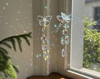 Atrapasueños de cristal con forma de mariposa hechos a mano, adorno colgante de cristal arcoíris para ventana, decoración bohemia para el hogar, jardín y patio, regalos para mamá, campanilla de viento decorativa para exteriores.