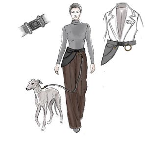 May include: Fashion illustration featuring a woman in a grey turtleneck and brown trousers, walking a greyhound on a lead. The illustration also shows a belt with a large gold ring buckle and a white blazer with a belt.
