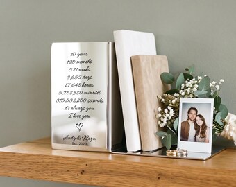 10th Anniversary Bookends, 10 Year Anniversary Gift for Couple, Custom Engraved Bookend Tin Anniversary Gifts, Bookshelf Decor