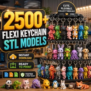 Può includere: Un'esposizione di modelli di portachiavi flessibili colorati, tra cui draghi, orsi, conigli e altro ancora. L'immagine presenta il testo "2500+ Flexi Keychain STL Models" e "Download istantaneo, Pronti per la stampa". I portachiavi sono su un espositore a più livelli.