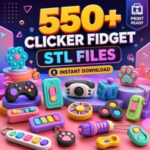 May include: A vibrant image showcasing a collection of colorful clicker fidget toys. The image features a variety of shapes and designs, including game controllers, cubes, and keychains. Text in the image reads "550+ Clicker Fidget STL Files" and "Instant Download."