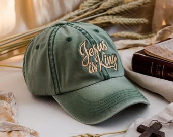 Embroidered Jesus is King Washed Cotton Dad Hat, Christian Baseball Cap