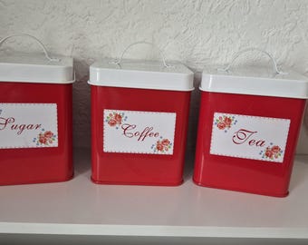 Ensemble de boîtes de rangement vintage en sucre, thé rouge, café, cuisine rétro florale