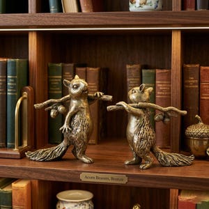 May include: Two bronze-toned squirrel figurines standing upright, each carrying a branch with small acorns over their shoulders. The squirrels have textured fur details and are positioned on a wooden shelf. A small plaque reads Acorn Bearers, Bronze.
