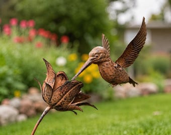 Tuteur de jardin en métal pour colibris - Sculpture d'oiseau en cuivre rustique, oeuvre d'art pour jardin