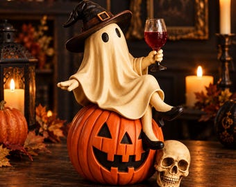 Gothic Halloween Ghost Pumpkin Figurine, Witch Hat Centerpiece (Tabletop Decor)