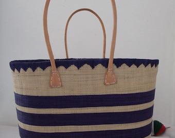 Handwoven Rabane Tote Bag, Madagascar Market Basket, Natural Rabane & Aravola Beach Bag, Leather Handle Shopper, Large Artisan Tote