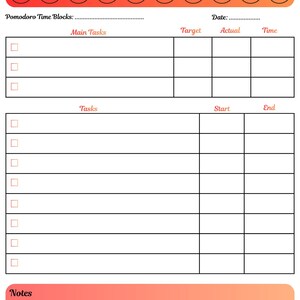 Può includere: Un Pomodoro Timer Tracker con uno sfondo sfumato arancione e rosa. Il titolo "Pomodoro Timer Tracker" è in alto. Include sezioni per "Pomodoro Time Blocks", "Main Tasks", "Tasks", "Date", "Target", "Actual", "Time", "Start", "End" e "Notes".