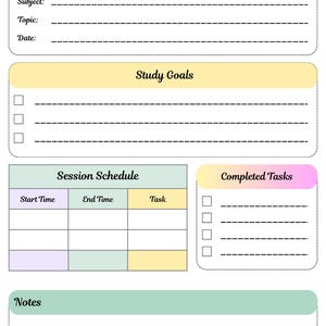 Può includere: Un Deep Work Planner con sezioni per argomento, tema e data. Include aree per obiettivi di studio, un programma di sessione, attività completate e note. Il planner ha una combinazione di colori pastello con accenti stellari.