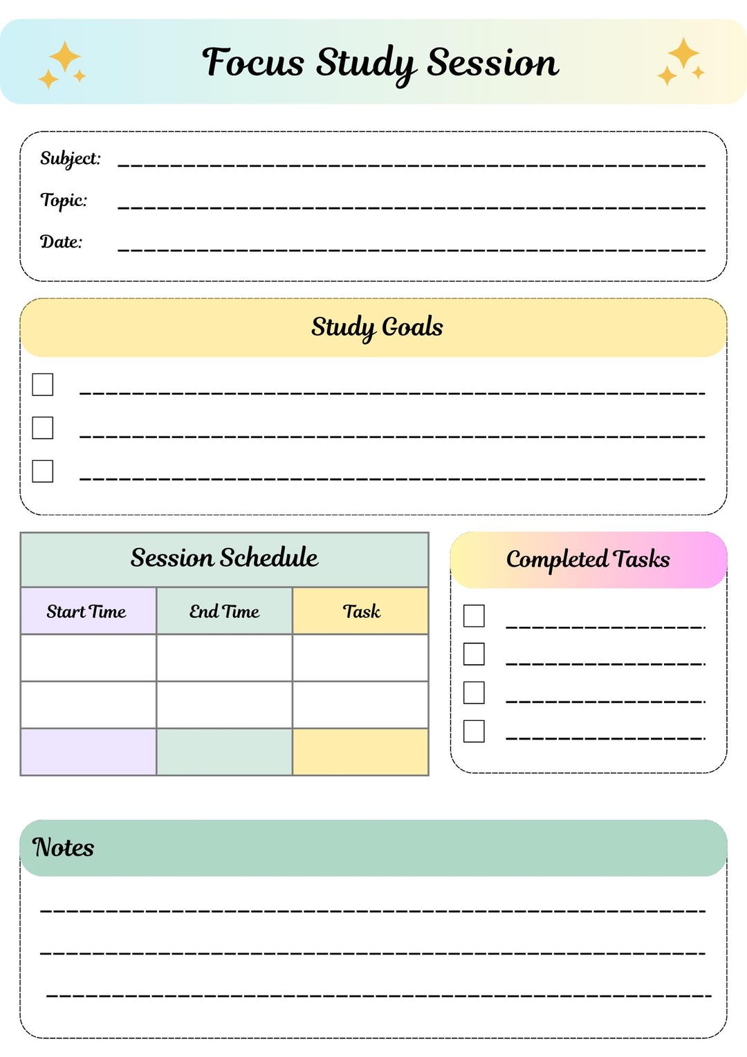 Focus Study Session Planner Printable | Study Session Planner | Focus ...