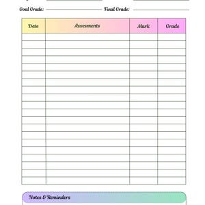 Può includere: Un foglio bianco di Grade Tracker con sezioni per materia, semestre e voti. Il foglio include campi per data, valutazioni, voti e voti finali, con una sezione note e promemoria in basso.