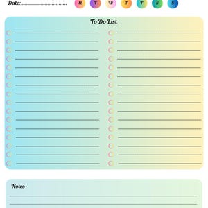 Può includere: Un blocco note "Study To Do List" con uno sfondo sfumato blu e giallo. Il blocco note include sezioni per la data, una lista di cose da fare e note. Cerchi colorati segnano i giorni della settimana.