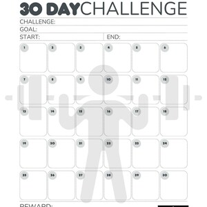 May include: A white fitness tracker with the text "ABS 30 DAY CHALLENGE" in black and red. The tracker has a calendar layout with 30 numbered boxes, a stick figure, and a reward section.