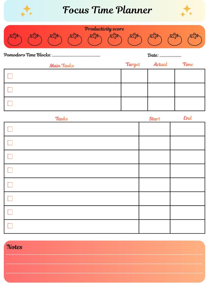 May include: A Focus Time Planner with a gradient orange and pink background. The planner includes sections for Pomodoro Time Blocks, Main Tasks, Target, Actual, Time, Tasks, Start, End, and Notes. The title "Focus Time Planner" is at the top.