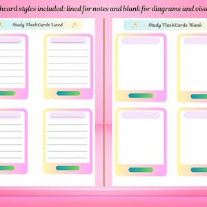Può includere: Un design di flashcard rosa e giallo con due stili: a righe per appunti e vuoto per diagrammi. Il testo "Study Flash Cards Lined" e "Study Flash Cards Blank" è visibile. I biglietti hanno un design a gradiente colorato.