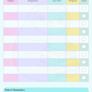 Può includere: Un tracker di compiti dai colori pastello con il titolo "Assignment Tracker" in alto. Il tracker ha colonne per argomento, compito, data di scadenza, progresso e fatto. C'è una sezione per note e promemoria in basso.