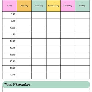 Può includere: Un modello stampabile di orario scolastico con una combinazione di colori pastello. Il titolo "Class Schedule" è in alto. L'orario include fasce orarie dalle 8:00 alle 17:00, con spazi per lunedì a venerdì. C'è una sezione per note e promemoria.