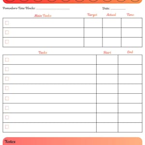 May include: A Pomodoro Planner with a gradient orange and pink background. The title "Pomodoro Planner" is at the top. It includes sections for Pomodoro Time Blocks, Main Tasks, Tasks, and Notes. There is a "Productivity score" section with tomato icons.