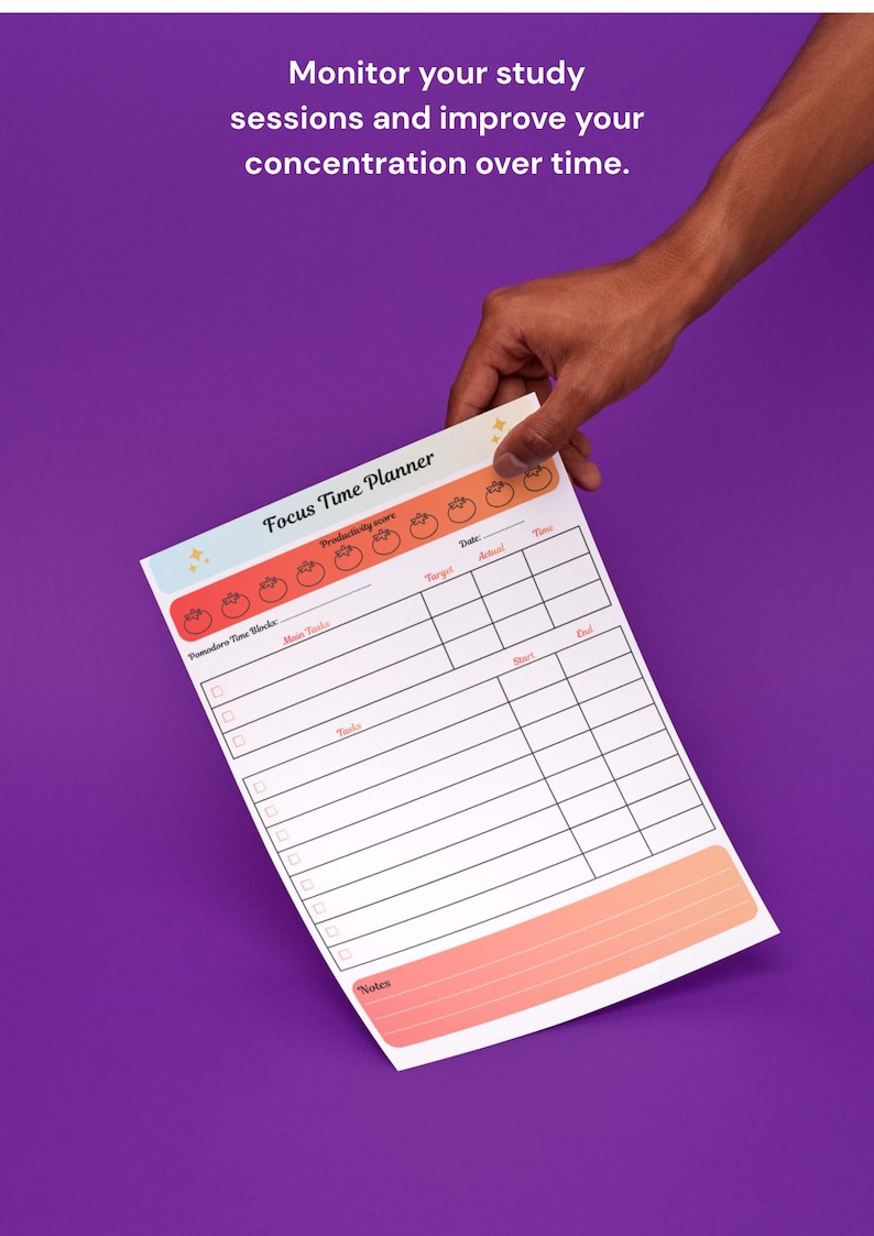 May include: A white Focus Time Planner with a colorful design is held against a purple background. The planner includes sections for Pomodoro Time Blocks, Main Tasks, and Notes. Text on the planner reads "Monitor your study sessions and improve your concentration over time."