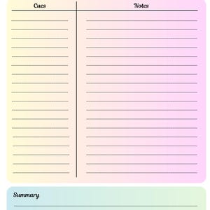 May include: A Cornell Notes template with a pastel gradient background. The design includes sections for class, title, date, cues, notes, and a summary. The title "Cornell Notes" is at the top, and there are decorative starbursts.