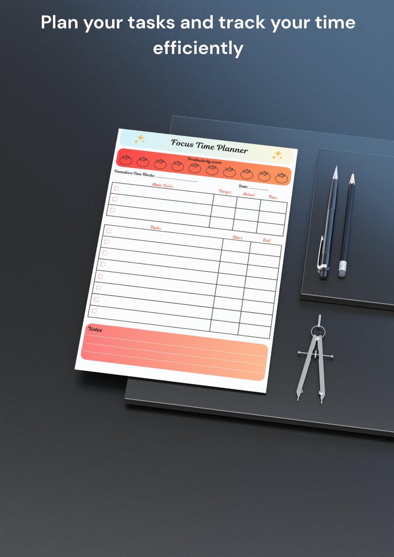 May include: A white Focus Time Planner with a colorful header and a gradient orange and pink footer. The planner includes sections for tasks, dates, and time tracking. A pen, pencil, and compass are next to the planner.
