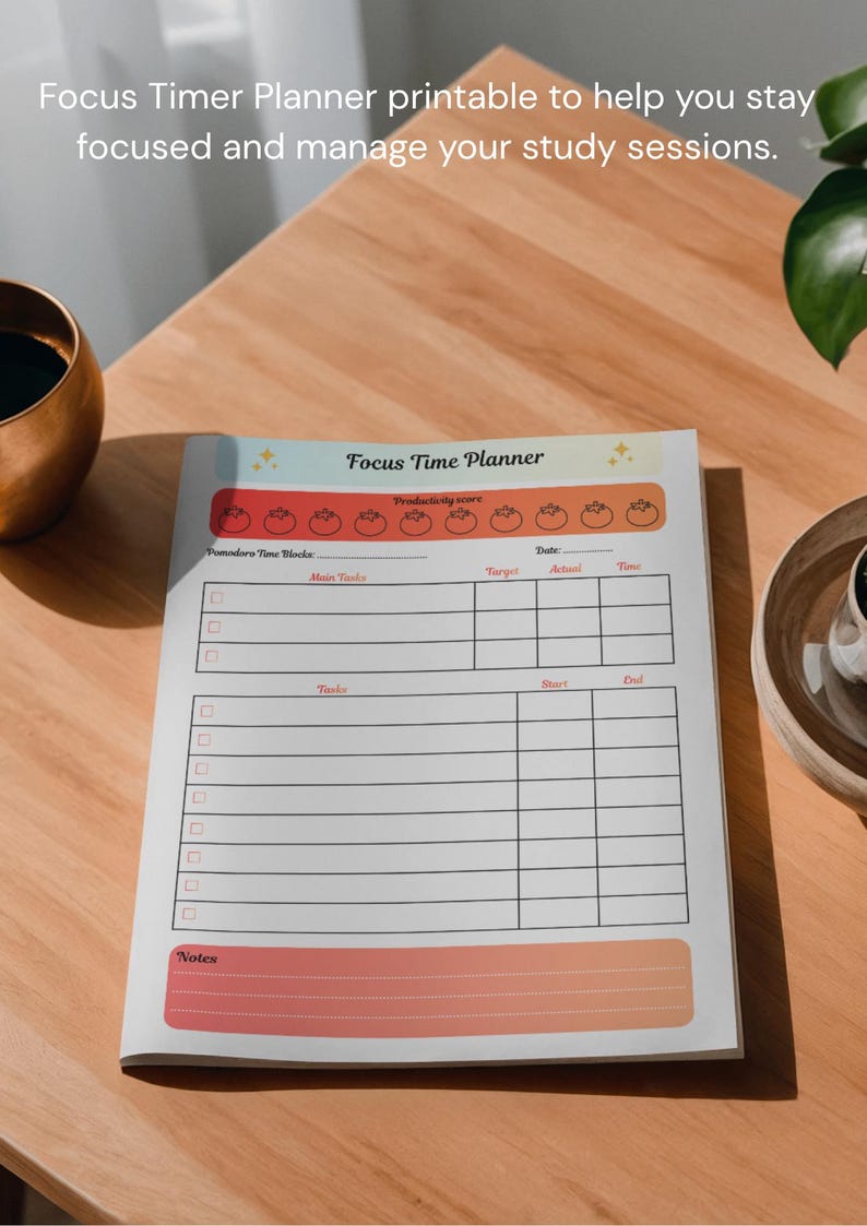 May include: A printable Focus Time Planner with a tomato-themed productivity score section. The planner includes sections for tasks, start and end times, and notes. The text "Focus Timer Planner" is at the top.