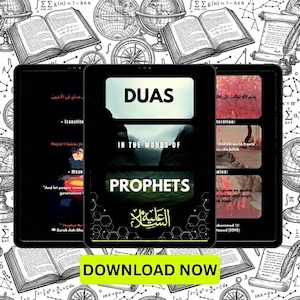 May include: Three black tablets displaying religious content. The central tablet reads "DUAS IN THE WORDS OF PROPHETS" in white text. The tablets are set against a background of mathematical equations, globes, and open books. A yellow banner at the bottom says "DOWNLOAD NOW".