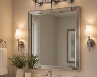 Puede incluir: Un espejo de pared rectangular con marco de plata pulida, situado sobre una encimera blanca con un grifo cromado. Sobre el espejo hay una lámpara de tres luces con pantallas de cristal transparente, flanqueada por dos apliques a juego.