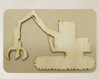 May include: A wooden excavator toy with a claw arm, set on a rectangular wooden base. The excavator is light brown, with a detailed design. The image also includes a decorative bird's nest with eggs.