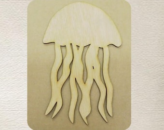 May include: A wooden cutout of a jellyfish with a rounded top and long, flowing tentacles. The cutout is unpainted and has a natural wood color.