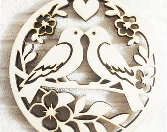 Birds on Branch with Heart Circular Design  / Bird  (Large ) Wood Cut Out -  Laser Cut