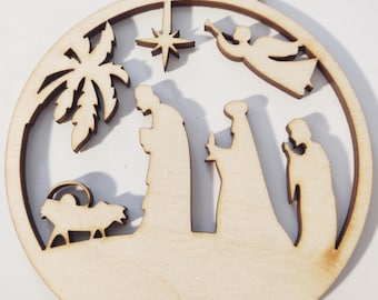 Wise Men with Angel Nativity Ornament -  Laser Cut Wood