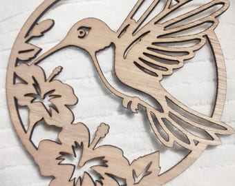 Beautiful Hummingbird and Hibiscus Design / Bird  (Large ) Wood Cut Out -  Laser Cut