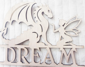 Fairy and Dragon Mongram/ Wall Art-  (Large ) Wood Cut Out -  Laser Cut