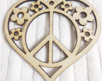Floral Peace Sign Heart Shaped Ornament - Laser Cut Wood