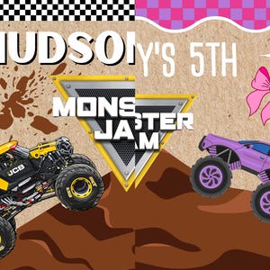 May include: A colorful birthday-themed graphic with the text "HUDSON'S 5TH" and "MONSTER JAM". Features illustrations of monster trucks in yellow and purple, a pink bow, and a checkered pattern.