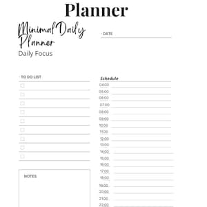 Può includere: Un'agenda giornaliera minimalista con il titolo "Minimal Daily Planner" in un carattere elegante. L'agenda include sezioni per una lista di cose da fare, un programma, note e data. Sono incluse anche le parole "Daily Focus".