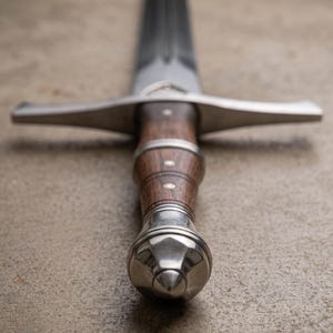 May include: Close-up of a medieval sword. The sword features a polished steel blade and a wooden handle with metal accents. The handle is a dark brown color, and the metal parts are silver.