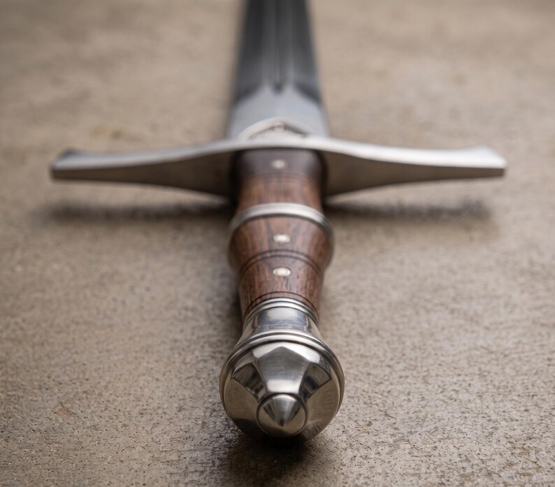 May include: Close-up of a medieval sword. The sword features a polished steel blade and a wooden handle with metal accents. The handle is a dark brown color, and the metal parts are silver.