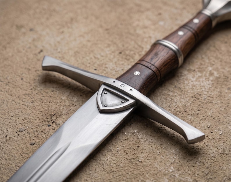 May include: Close-up of a medieval sword with a polished steel blade and a wooden handle. The handle is dark brown with silver accents and a decorative shield near the blade. The sword is resting on a textured, tan surface.