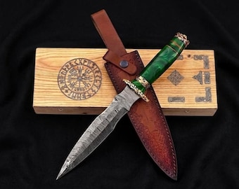 Hand Forged Damascus Steel Athame Dagger with Sheath – Engraved Fantasy Collectible Gift