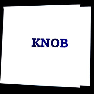 May include: A square white card with the word KNOB printed in bold, dark blue capital letters centered on the front. The card has a clean, flat surface and a simple design, presenting the text clearly against the stark white background.