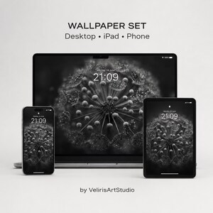 May include: A digital wallpaper set for desktop, iPad, and phone featuring a black and white macro photograph of a dandelion seed head with water droplets. The text reads WALLPAPER SET Desktop • iPad • Phone and by VelirisArtStudio.
