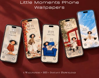 Paquete de fondos de pantalla adorables para celular, 5 fondos de pantalla ilustrados con estilo estético para iPhone y Android, arte de chica caprichosa, descarga digital.